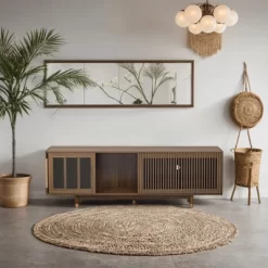 ORRD Mid-Century Walnut TV Stand & Cat House – 2-in-1, Sliding Glass Door, Flip-Down, Pet-Friendly