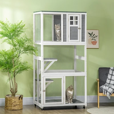 PawHut 74" Wooden Outdoor Cat House Weatherproof & Wheeled, Catio Outdoor Cat Enclosure With High Weight Capacity, Cat Cage Condo 2 PawHut 74" Wooden Outdoor Cat House Weatherproof & Wheeled, Catio Outdoor Cat Enclosure With High Weight Capacity, Cat Cage Condo - Image 2
