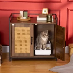 PawHut Shelved Hidden Litter Box Enclosure With Spacious Top Interior, Large Cat Litter House End Table For Indoor Cats With Hidden Storage Cabinet