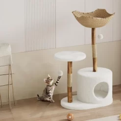 Real Wood Modern Cat Tree Tower, Cat Scratching Post W/Bed For Indoor Cats W/Natural Wicker Condo,Aesthetic Tree Stand,Boho Pet Furniture
