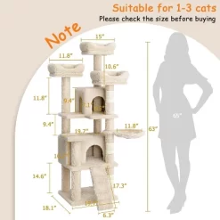 63 Inches Multi-Level Cat Tree Tower With Condo, Plush Perches, Scratching Posts, Hammocks, And Play House, Beige