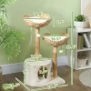 SKYONE 37 Inch Cream White Cat Tree With Solid Wood Scratching Posts, Cattail Bed, Washable