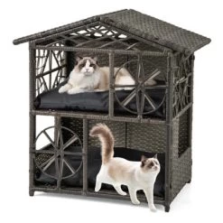 Tangkula Outdoor Rattan Cat House 2-Tier Wicker Windows Removable Cushions Large Entrance -BlueBuffalo Sales Store GUEST 8f1adf29 b080 4901 85da 0bb6e5fe71a1