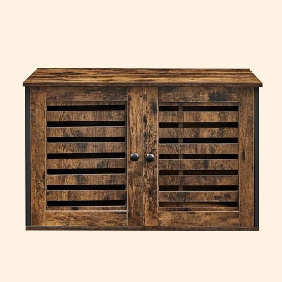 Cat Litter Box Enclosure With Shutter Doors, 31.5 Inch Hidden Litter Box Furniture As End Table, Rustic Brown And Black 1 Cat Litter Box Enclosure With Shutter Doors, 31.5 Inch Hidden Litter Box Furniture As End Table, Rustic Brown And Black