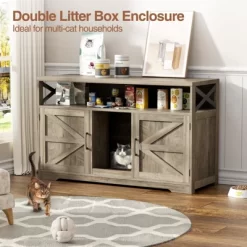 Cat Litter Box Enclosure For 2 Cats, 47" Double Hidden Cat Washroom With Scratch Pad