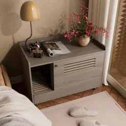 DOMETOUR Gray Cat Litter Box Enclosure, Hidden Litter Box Furniture With Top Fence, Wooden Pet House Side Table, Storage Cabinet For Bedroom -BlueBuffalo Sales Store GUEST 9042800b fde5 4879 beed 968a8404130b