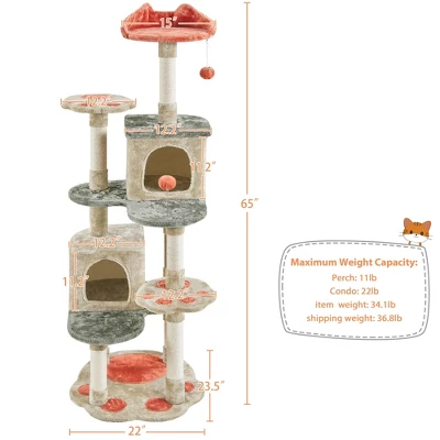Yaheetech 65"Tall Cat Paw-Shaped Play Tower With Natural Sisal, Beige 2 Yaheetech 65"Tall Cat Paw-Shaped Play Tower With Natural Sisal, Beige - Image 2