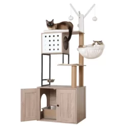 YOOCOZZ Cat Tree With Litter Box Enclosure,Cat Condo With Scratching Posts, Feeding Bowl And Removable Pompom Sticks -BlueBuffalo Sales Store GUEST 918fbce1 9e11 4e1c 91c7 e3195578303c 1