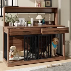 ModernLuxe Heavy Duty Dog Crate Furniture With Storage Drawers & Shelves, Indoor Dog Cage End Table With Sliding Door, Brown (Medium / Large)