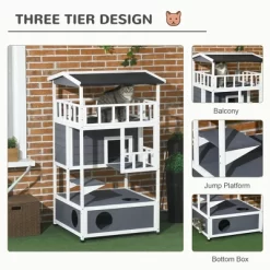 LOVMOR Wooden Outdoor Cat House, Feral Cat Shelter Kitten Tree With Asphalt Roof, Escape Doors, Condo, Jumping Platform