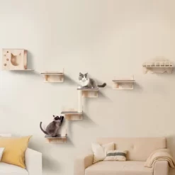VEVOR Wall Mounted Cat Shelves, Cat Wall Shelves And Perches With Jumping Boards, Nest, Barrier Board & Cat Tree, Beige