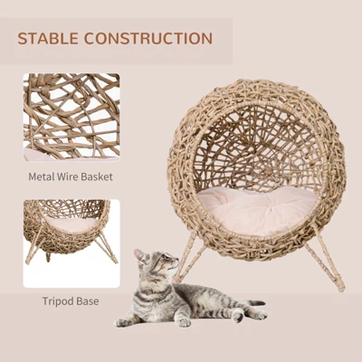 20.5in Weaved Cat Bed, Elevated Hand-woven Braided Banana Leaf Kitten House Condo With Cushion, Beige 5 20.5in Weaved Cat Bed, Elevated Hand-woven Braided Banana Leaf Kitten House Condo With Cushion, Beige - Image 5