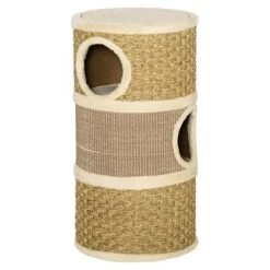 Cesicia 28 Inch Cat Condo, 3 Story Cat Hideaway With Sisal Scratching Pad, Barrel Shaped Small Cat Tree For Indoor Cats, Khaki And Brown