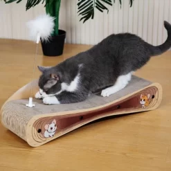 Sandinrayli Cat Scratcher Lounge Bed, Reversible 2-in-1 Cardboard Scratching Board, Durable Curved Cat Scratch Pad, Natural Wood