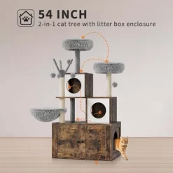 54in Tall 2-in-1 Wooden Cat Tree, Modern Multi-Level Pussy Tower Condo Toilet Furniture, Large Cat Play House, Scratching Post And Dangling Balls -BlueBuffalo Sales Store GUEST 99ce84c6 e80e 4b78 8211 11a7c44f837f