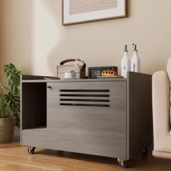 DOMETOUR Gray Cat Litter Box Enclosure, Hidden Litter Box Furniture With Top Fence, Wooden Pet House Side Table, Storage Cabinet For Bedroom