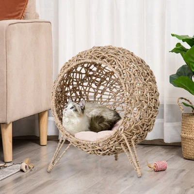 DSVIMOY 20.5" Cat Bed, Elevated Braided Banana Leaf Kitten House Condo With Cushion, Beige, 20.5"*20.5"*22.8" 1 DSVIMOY 20.5" Cat Bed, Elevated Braided Banana Leaf Kitten House Condo With Cushion, Beige, 20.5"*20.5"*22.8"