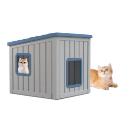 Kumasinova 25" Slanted Roof Outdoor Cat House With Leak-Proof Design,Weatherproof Cat Hideaway For All Seasons,Cat Furniture For Porch&Garden,Blue