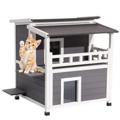 VEVOR Insulated Cat House, 2-Story Wooden Cat Shelter, Foam Insulation, Feral Kitty Shelter With Balcony, Waterproof Cats Condos, White&Grey -BlueBuffalo Sales Store GUEST 9c9bf059 441c 42cb a639 7b5fb635bb55