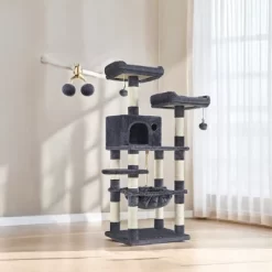 FEANDREA 56.3in Cat Tower For Large Cats Indoor Cat Tree Cat Condo With Scratching Posts, Hammock, Plush Perch, Cat Furniture - Smoky Gray