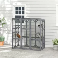 PawHut Catio Outdoor Cat Enclosure, Large Wooden Cat House With 6 Jumping Platforms, Weatherproof Roof, For 1-3 Cats, 59" X 28" X 60", Gray
