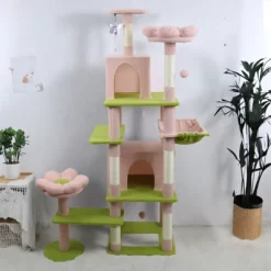 SEVOBAL Pet Tower Floral Cat Tree With Spacious Condo And Hammock, Multi-Level Playground For All Age Cats Playing, Sleeping, Pink, 20"*20"*14.4"