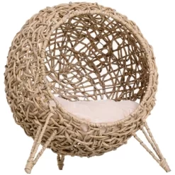 Maliang 20.5" Weaved Cat Bed, Elevated Hand-woven Braided Banana Leaf Kitten House Condo With Cushion, Beige