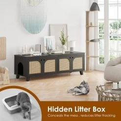 FURNIinspire Pet Crates And Houses Double Large Hidden Cat Litter Box Enclosure Furniture Cabinet With Rattan Doors, Black, 57.9"*19.7"*19.7" -BlueBuffalo Sales Store GUEST a19484dc 1230 4412 9f56 9c39c0c19495