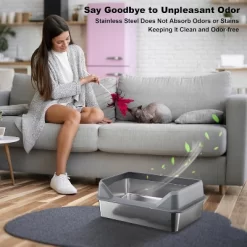 Stainless Steel High Sided Cat Litter Box With Lid For Big Cats, Double Layer Litter Mat And Scoop Included, 8'' Deep Dark Grey -BlueBuffalo Sales Store GUEST a24d43ae c1ec 476b bf3e 501118ad65af