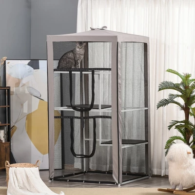 PawHut 79"H Cat House Kitten Enclosure Mesh Playpen Steel Frame With 3 Platforms, 2 Doors And 4 Sandbags For Stability, Indoor/Outdoor 1 PawHut 79"H Cat House Kitten Enclosure Mesh Playpen Steel Frame With 3 Platforms, 2 Doors And 4 Sandbags For Stability, Indoor/Outdoor