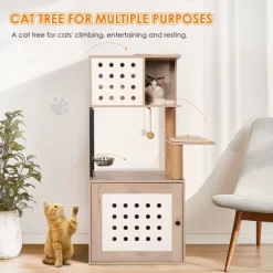 Cat Tree With Litter Box Enclosure, All-in-one Cat Tower For Indoor Cats With Large Hammock, Bed, Food Station, Scratching Posts, Gray