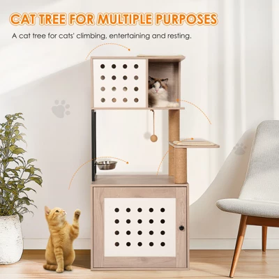 ORRD Modern Cat Tree W/Litter Box Enclosure, Hammock, Bed, Scratching Posts & Food Station – Gray+White 1 ORRD Modern Cat Tree W/Litter Box Enclosure, Hammock, Bed, Scratching Posts & Food Station – Gray+White