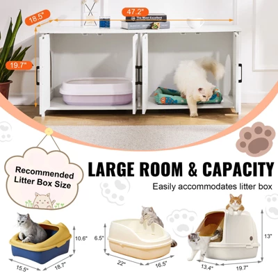 VEVOR Cat Litter Box Enclosure For 2 Cats, Litter Box Furniture Hidden With Double Rooms, Wooden Cat Box Cabinet, 47.2"L X 18.5"W X 19.7"H, White 4 VEVOR Cat Litter Box Enclosure For 2 Cats, Litter Box Furniture Hidden With Double Rooms, Wooden Cat Box Cabinet, 47.2"L X 18.5"W X 19.7"H, White - Image 4