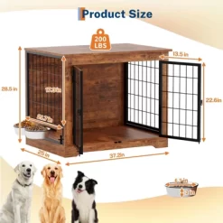 Dog Crate Furniture With 360° Rotating Feeder, Wooden Crate End Table With 2 Doors, Anti-Chew Anti-Escape, Heavy Duty Indoor Kennel Cage