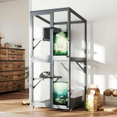 Resenkos 70-Inch Cat Catio, Outdoor Wooden Enclosure With Wheels, Multi-Level Platforms, Lockable Door, Sunroof, Custom Panels, Gray Gray With Pattern 8 Resenkos 70-Inch Cat Catio, Outdoor Wooden Enclosure With Wheels, Multi-Level Platforms, Lockable Door, Sunroof, Custom Panels, Gray Gray With Pattern - Image 8