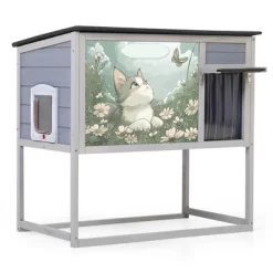 SEVOBAL Pet Crates And Houses High-Legged Rainproof Outdoor Cat House With Windproof Curtain And Customizable Roof Cover, Grey, 35.40"*21.60"*32.30" -BlueBuffalo Sales Store GUEST a4468c53 e310 410e 9331 b650ba7a293f