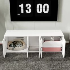 Cesicia White 59.05"L X 17.71"W X 18.89"H Modern Wooden Cat Box Furniture With Double Room, Giving Cats The Greatest Privacy Space -BlueBuffalo Sales Store GUEST a44f743a 6830 4f86 a816 31baf7607b53