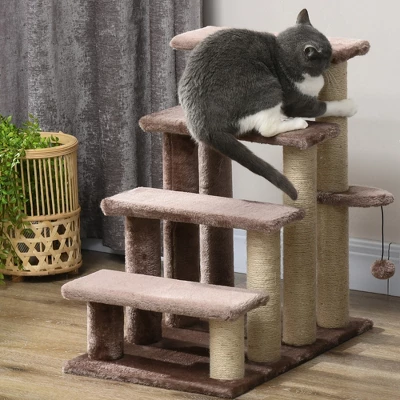 PawHut 4 Levels Cat Steps, Pet Stairs Carpeted Ladder, Kitten Tree Climber With Scratching Posts, Hanging Play Ball, Side Step, Brown 5 PawHut 4 Levels Cat Steps, Pet Stairs Carpeted Ladder, Kitten Tree Climber With Scratching Posts, Hanging Play Ball, Side Step, Brown - Image 5