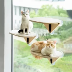Mewoofun Pet Toy Wall Mounted Cat Wall Shelves, Cat Furniture Climbing Frame With Suction Cup, Holds Up To 20lb, 3pcs, Brown, 19.4"*7.08"*5.82"