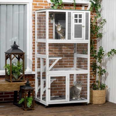 PawHut 74" Wooden Outdoor Cat House Weatherproof & Wheeled, Catio Outdoor Cat Enclosure With High Weight Capacity, Cat Cage Condo 1 PawHut 74" Wooden Outdoor Cat House Weatherproof & Wheeled, Catio Outdoor Cat Enclosure With High Weight Capacity, Cat Cage Condo