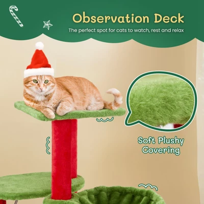 Phiestina 32in Cat Scratching Posts Tower, Christmas Themed Plush Cat Tree With Hammock, Cat Massage Brush, Activity Center For Indoor Cats 3 Phiestina 32in Cat Scratching Posts Tower, Christmas Themed Plush Cat Tree With Hammock, Cat Massage Brush, Activity Center For Indoor Cats - Image 3