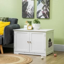 PawHut Modern Cat Litter Box Enclosure With Adjustable Partition For Customizable Space, Cat Washroom End Table With Hidden Storage Cabinet, White