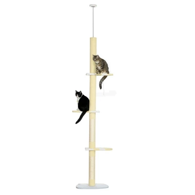 PawHut 4-Tier Tall Cat Tower, Floor To Ceiling Cat Tree, Height Adjustable 87 - 103 Inch With Plush Platforms, Sisal Scratching Posts, Ball, Yellow 6 PawHut 4-Tier Tall Cat Tower, Floor To Ceiling Cat Tree, Height Adjustable 87 - 103 Inch With Plush Platforms, Sisal Scratching Posts, Ball, Yellow - Image 6