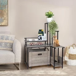 Hidden Cat Litter Box Furniture With Flower Stand And Pull-Out Tray, L-Shaped Cabinet, Brown/Gray -BlueBuffalo Sales Store GUEST af37eda4 770e 49a0 ab56 04c171618312