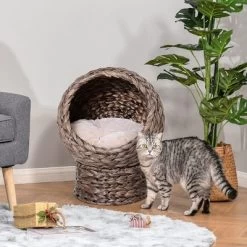 Hand-woven Elevated Cat Bed With Soft Cushion In Cat Egg Chair Shape For Indoor Use In Gray