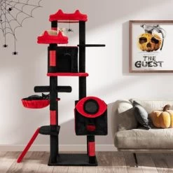 Costway Gothic Cat Tree For Indoor Cats With 2 Cat Condos & 2 Plush Perches, Dangling Balls