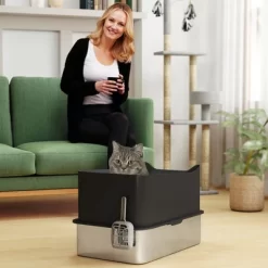 PawHut Stainless Steel Litter Box, High Sided Enclosed Cat Litter Box With Scoop, Top Entrance, Non-slip Pads, Anti-Leakage, Non-Sticky, Black