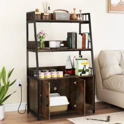 Tangkula Cat Litter Box Enclosure Hidden Cat Washroom Cabinet W/3-Tier Shelves Charging Station Winding Entry & Scratching Board Versatile Storage