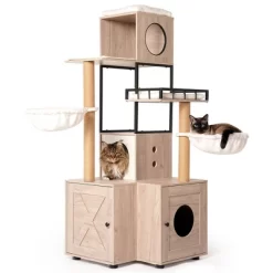 Whisen Cat Tree & Cat Bed With Litter Box Enclosure, Scratching Post, Cat Teaser Ball, Anti-Slip Mat - White+Gray -BlueBuffalo Sales Store GUEST b2139363 cf0b 4c8d 93e6 9fb9f1f524f0