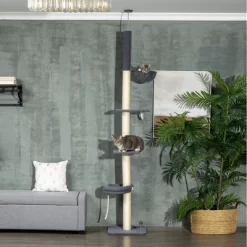 SKYONE 95-106" Adjustable Cat Tree With 5 Tiers, Sisal Scratching Posts, Cozy Bed, Hammock & Toy